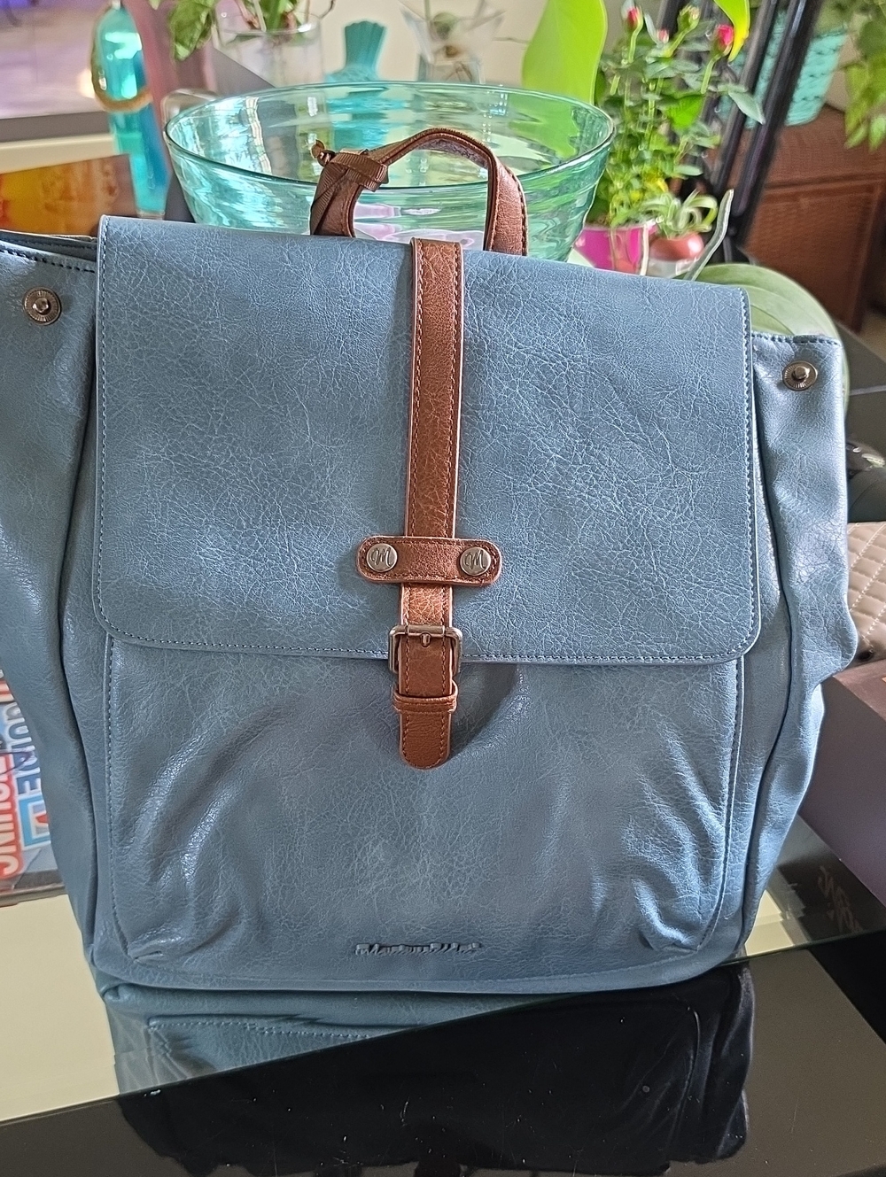 Montana West Blue Faux-Leather Backpack with Brown Trim